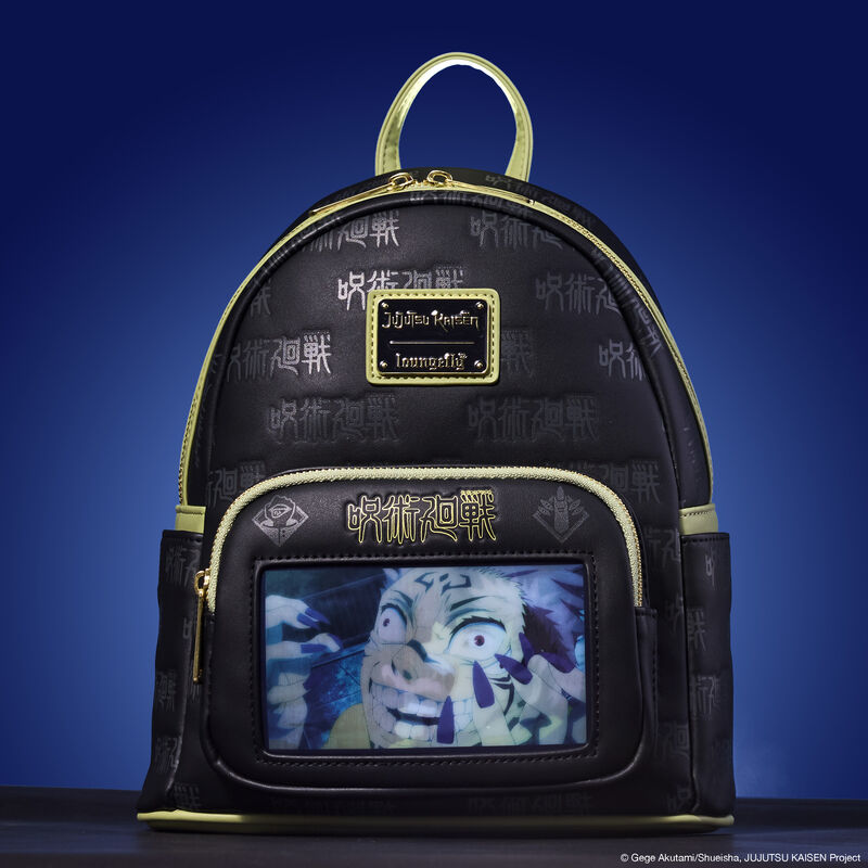 Black mini backpack with the title of the show in Japanese debossed all over. The front pocket has a lenticular panel featuring the moment Yuji swallows Sukuna's finger